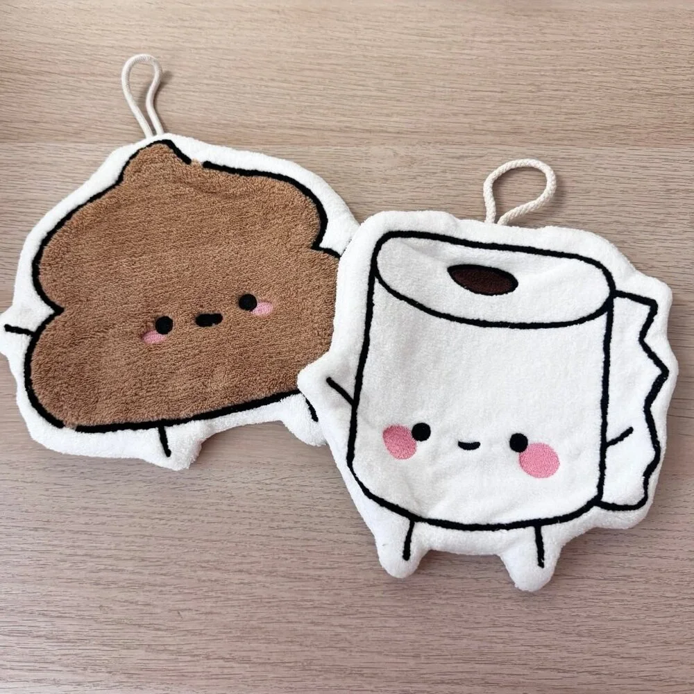 Cute Kawaii Cartoon Bathroom Hand Towels Set of 2 Plush Poop & Toilet Paper
